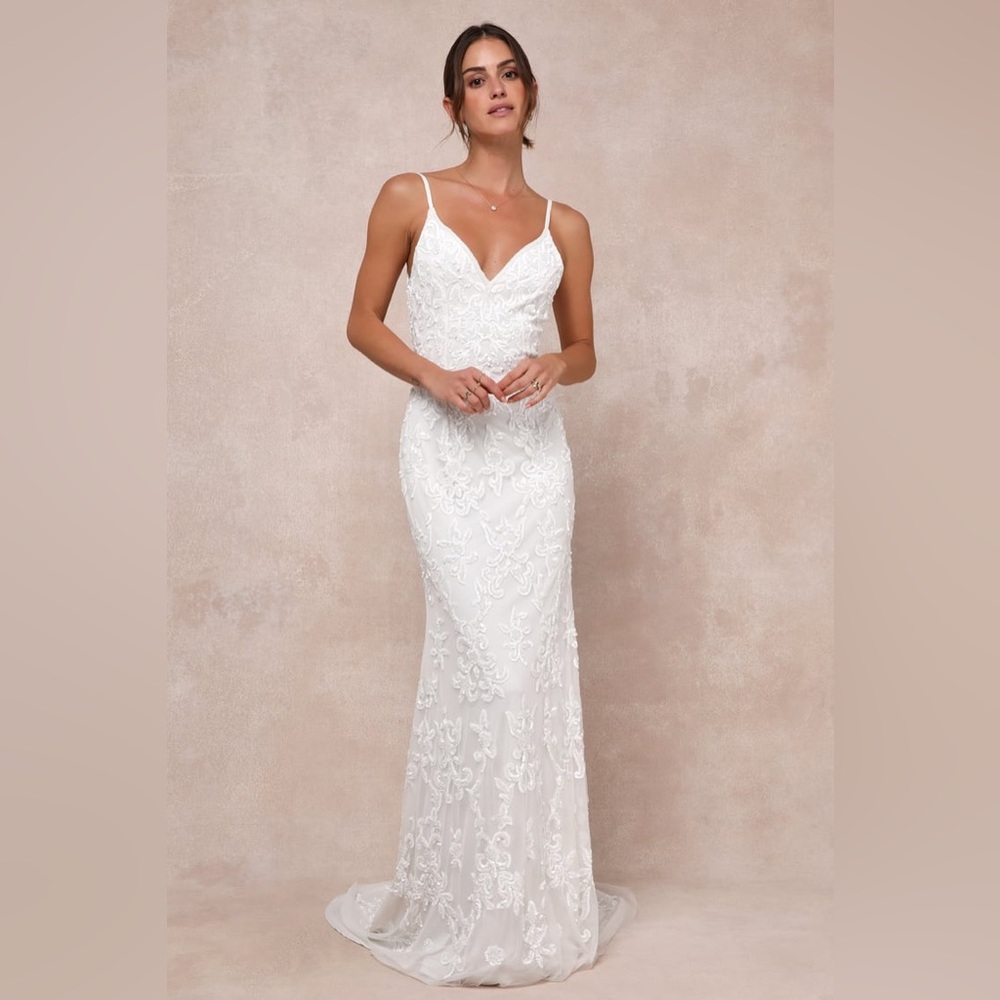 NWT Lulus Everlasting Passion White Sequin Beaded Backless Maxi Dress Medium